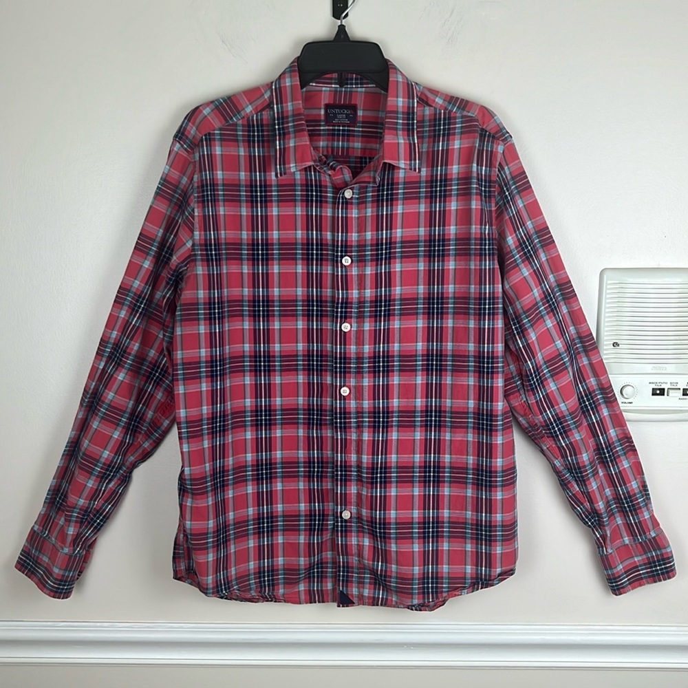 Tuckernuck Slim Fit Button Down Shirt, Size Large, Red, Black, Blue Green Plaid